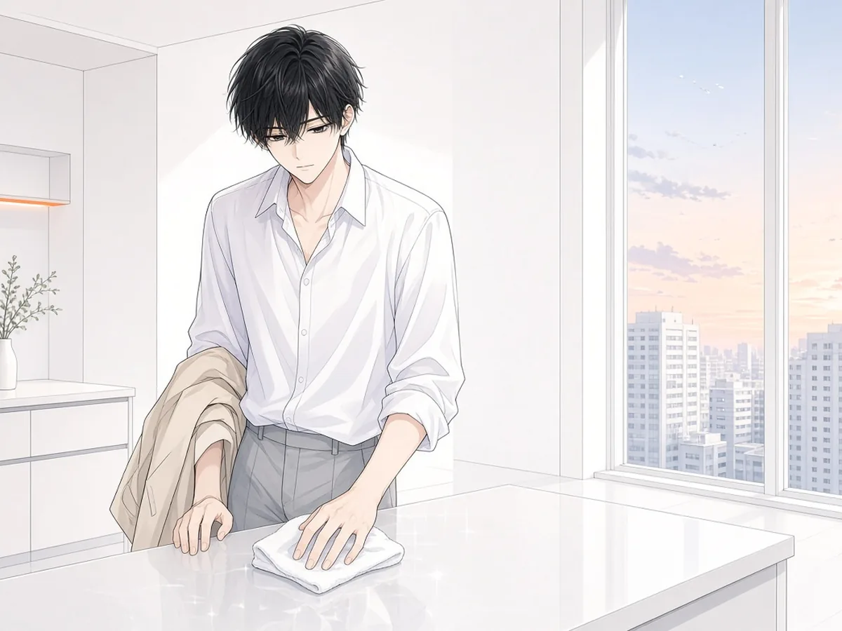 タワーマンションの部屋で、使っていないぴかぴかのキッチンを布巾でひと拭きし、上着を腕に外へ食べに行く男性。